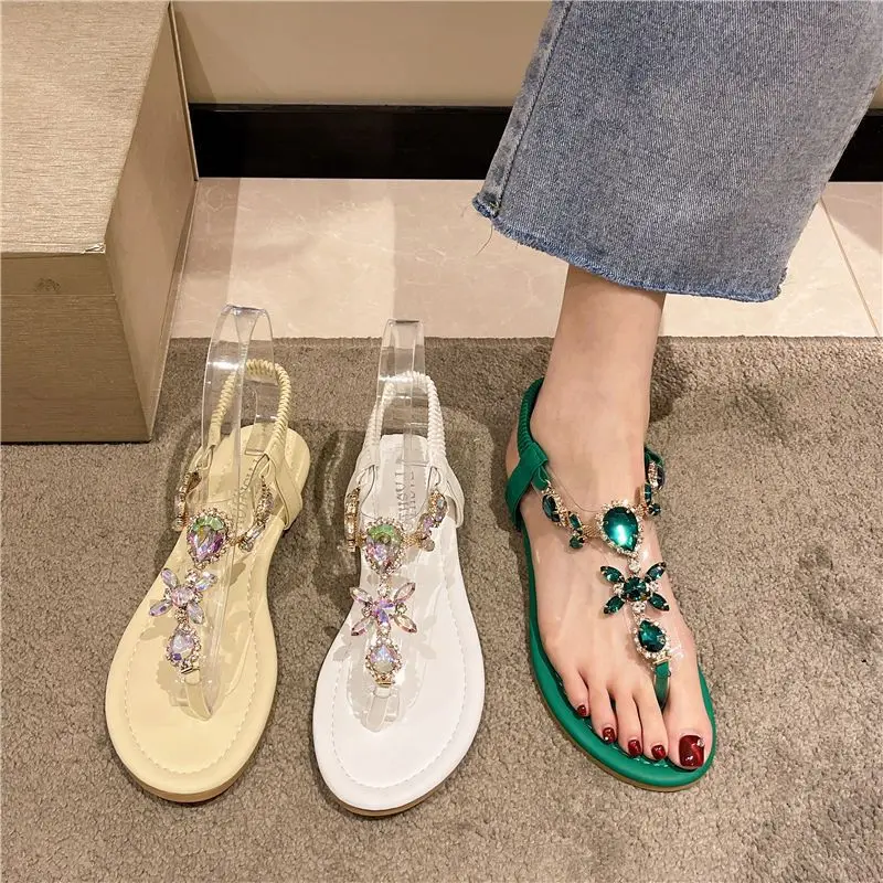 Summer 2024 Flat Rubber Sandals for Woman Women\'s Shoes No Heel Crystal Diamond Footwear Rhinestones Green Korea Sandal Designer