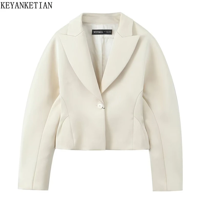 KEYANKETIAN 2025 Spring New Women's Cropped Thick Satin Suit Office Lady One-Button Slim Stylish Puff Sleeve Crop Top Blazer