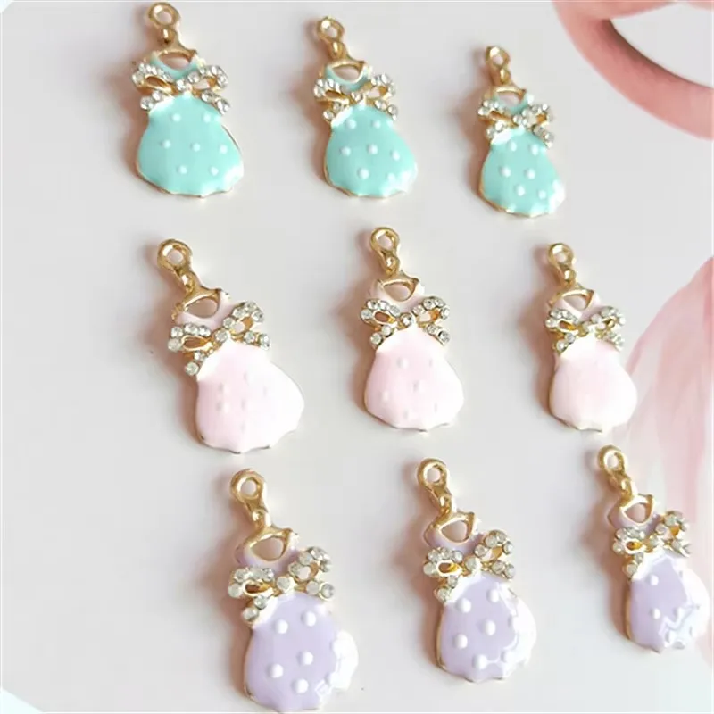 10pcs 26x12mm Cute Exquisite Enamel Crystal Dresses Charm Polychrome Alloy Accessories Pendants Diy Children's Jewelry Wholesale