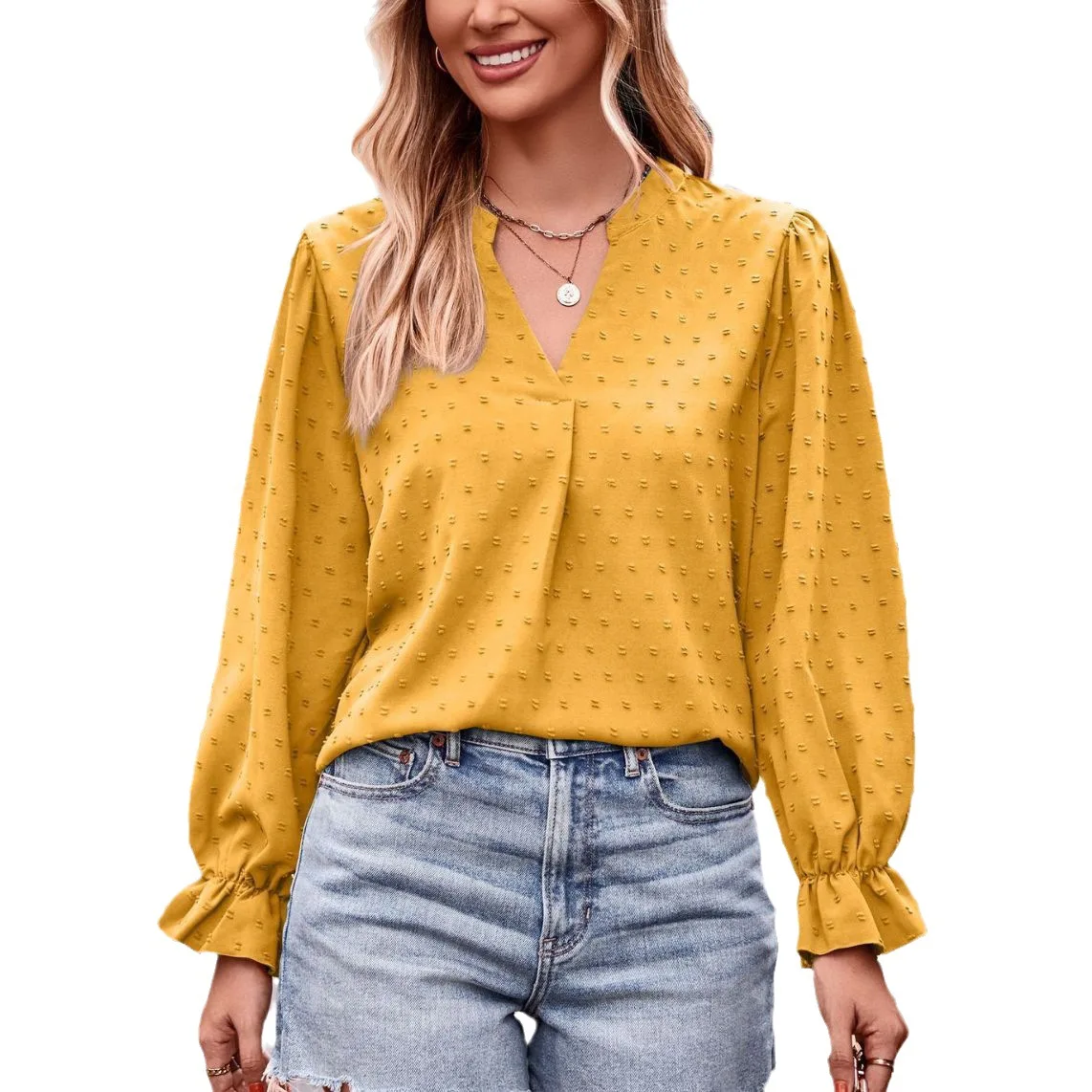 Prowow White Long Sleeve Women Blouses V-neck Yellow Slim Fit Office Lady Outfits 2025 New Casual Female Tops Clothes Black