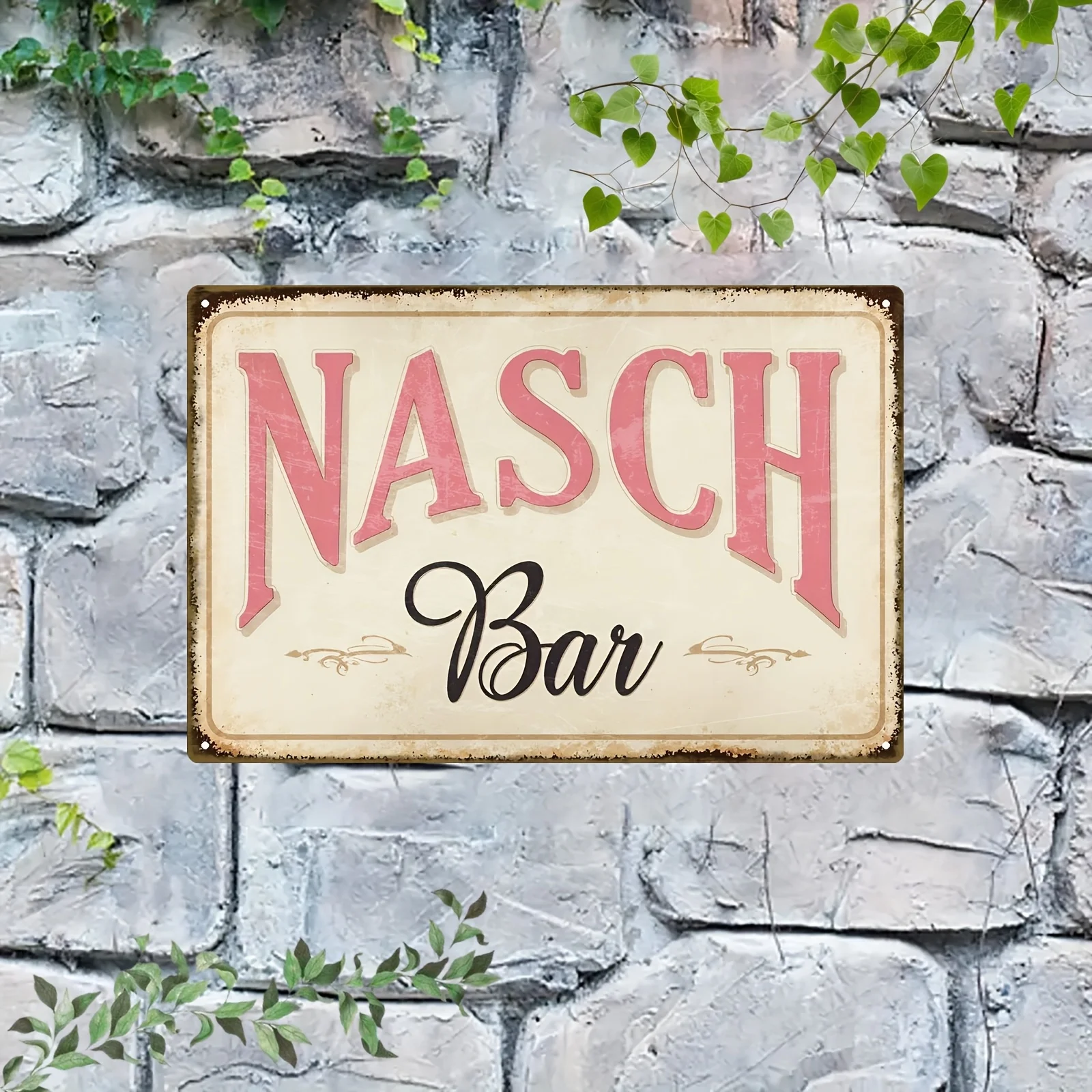 2D Flat, 1pc Vintage Candy Bar Metal Wall Sign - Pink Cursive Lettering & Rustic Brick Wall with Floral accents - Aluminum Retro