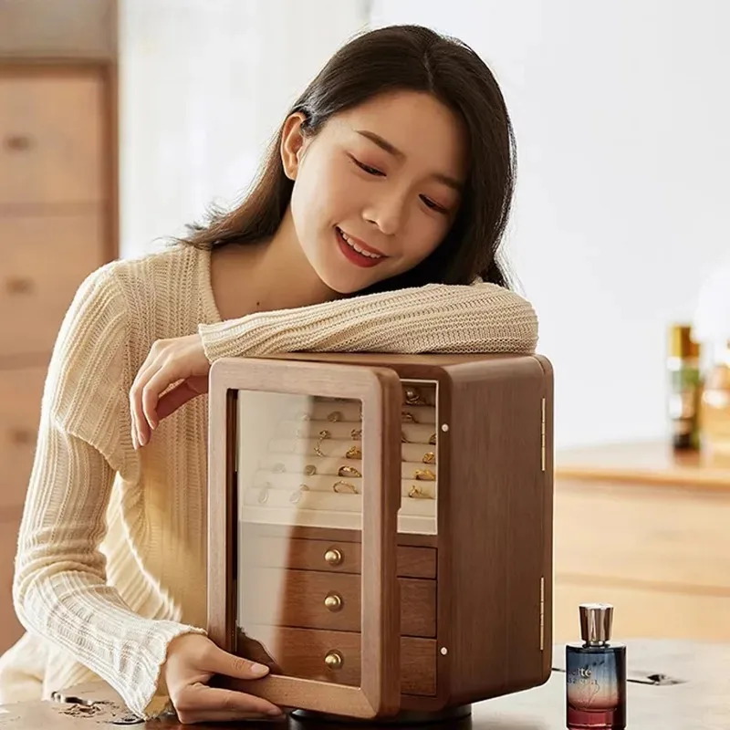 

Walnut Wood Rotary Jewelry Box Elegant Spinning Jewelry Organizer Sealed Storage Case for Rings & Necklaces Home Jewelry Chest