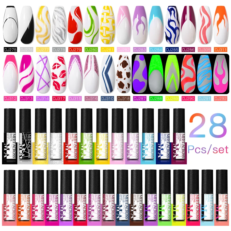MEET ACROSS 28Pcs/Set Colorful Line Gel Nail Polish Glow In Dark Nail Art Liner UV Gel DIY Painting Drawing Varnish For Nails