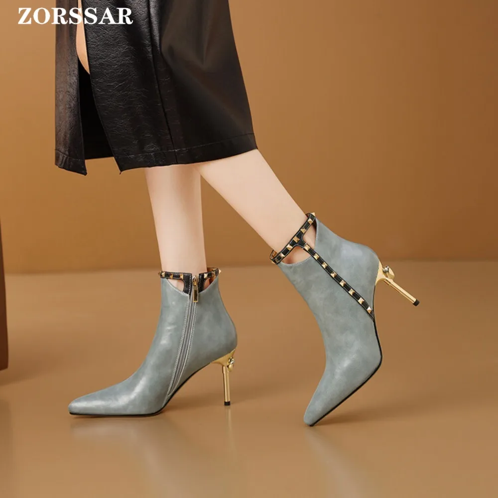 

2025 New Women's Ankle Boots Sexy Pointed Toe Woman Short Boots Fashion Rivets Ladies Thin High Heel Boots Red Grey Stiletto