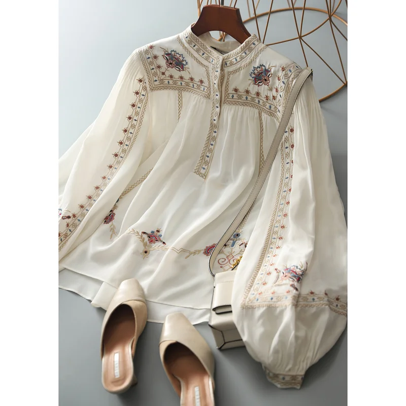 Vintage Elegant Lady Shirt Korean Chic Luxury Spring Women Gorgeous Blouse Stand Collar Floral Embroidery Chiffon Blusas 13835