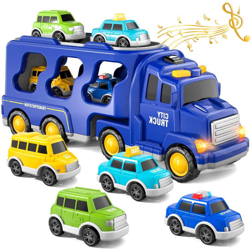 WizKidz Toddler Trucks Toys for Boys & Girls Kids Transport City Truck with Cars Lights Sounds Birthday Gift for 3-9 Years Old