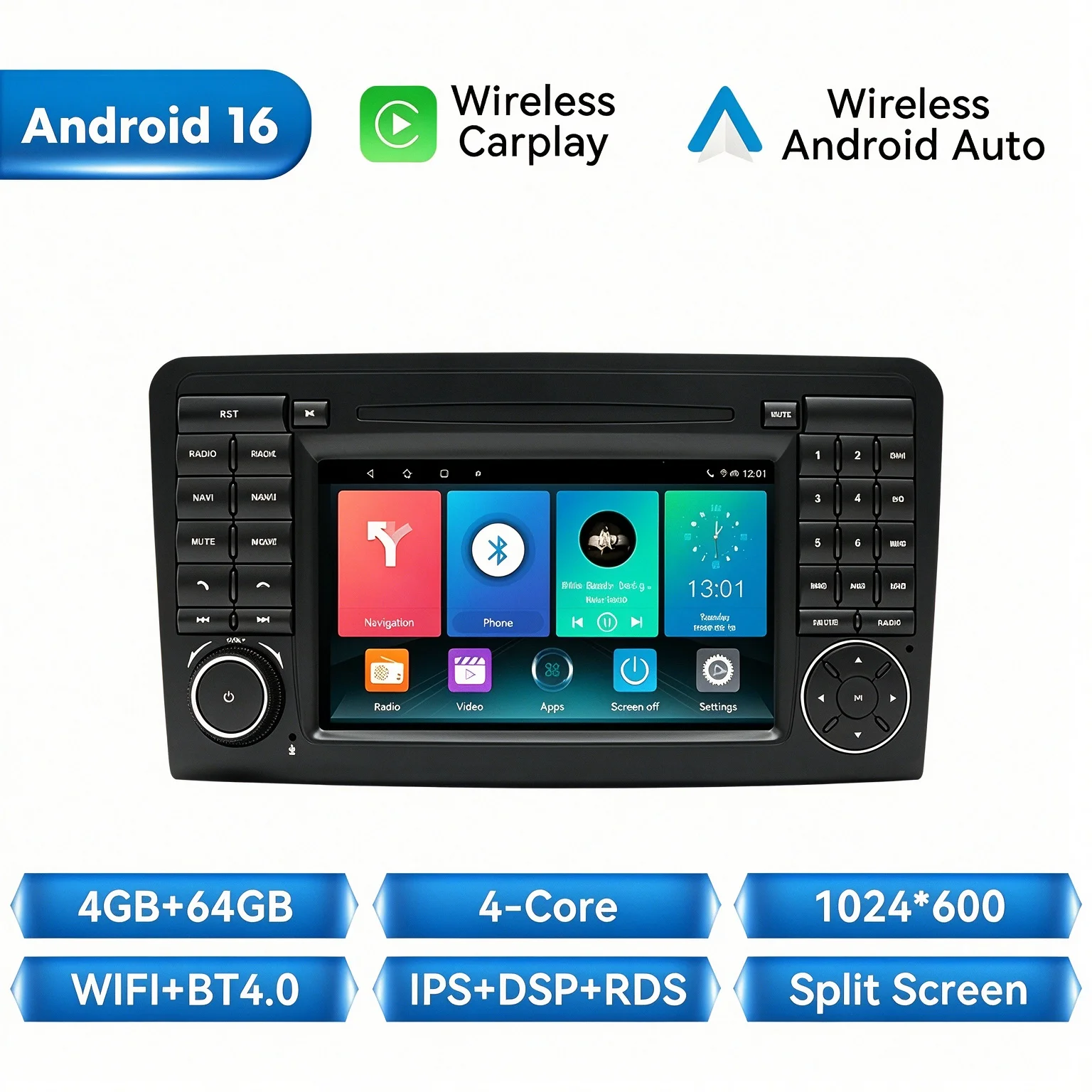 8G + 128G Draadloze Carplay Android 14 Autoradio Multimedia Voor Benz Ml 320/350/W164(2005-2012) Gl Dsp Navigatie 4G Wifi Head Unit
