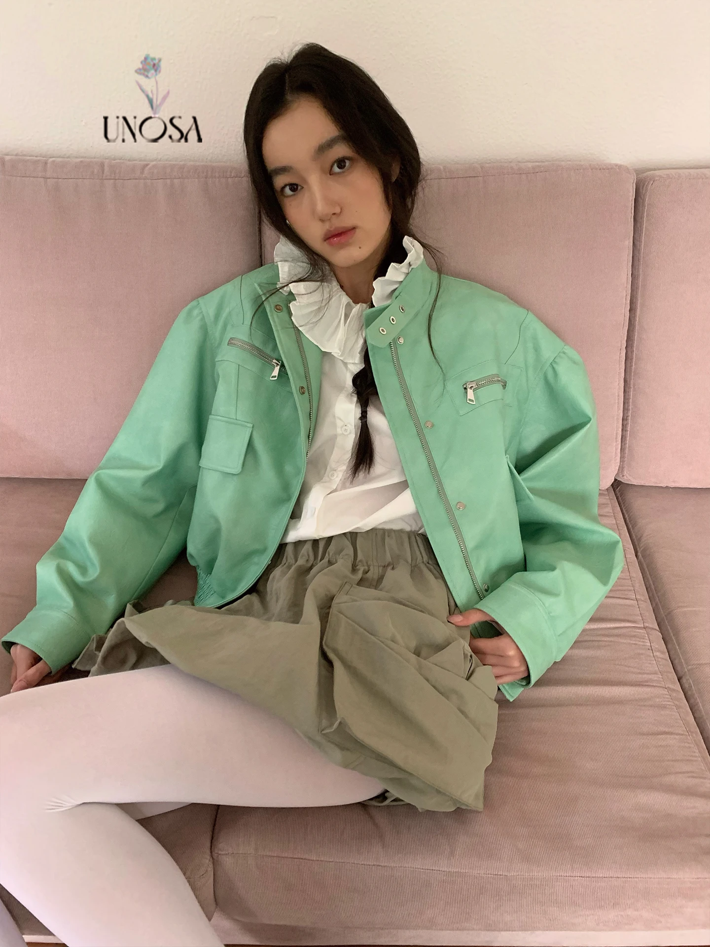 Giacca in pelle PU SA Heavy Work con fodera in pelliccia bianca, alla moda, corta, con cerniera, casual, per giovani