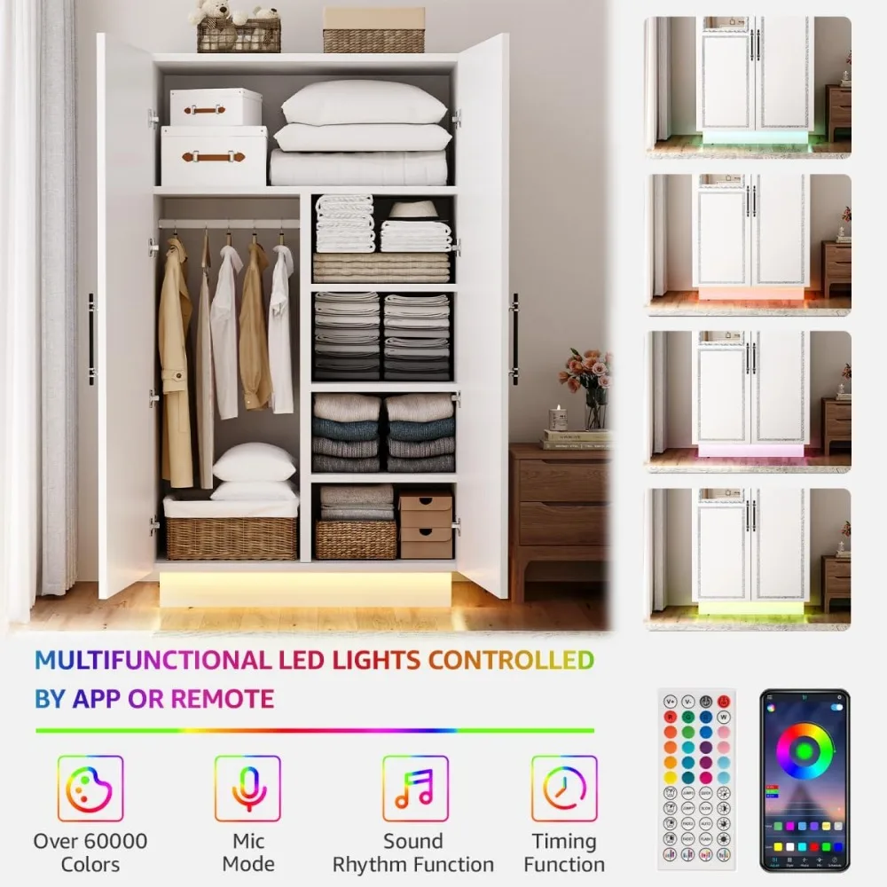 

2 Doors Closet with Hanging Rod and Shelves,Mirror Doors and LED Lights, Large Capacity Wooden Storage Cabinet for Home
