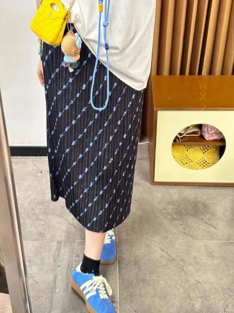 تنورة نسائية مطبوعة بقصة مستقيمة وخصر عالٍ، تنورة صيفية نحيفة متعددة الاستخدامات بطول متوسط، نمط كوري أنيق للعمل