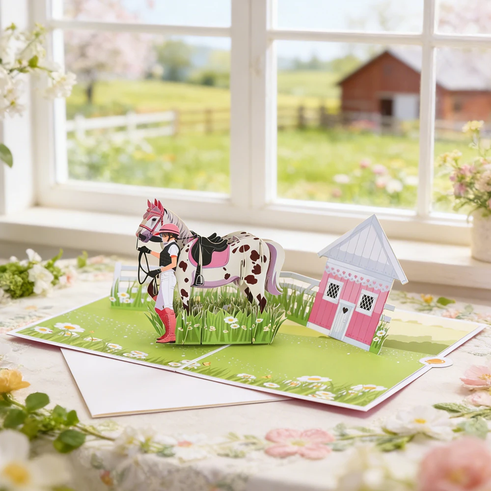 3D-Grußkarte mit Reitsport-Thema, geeignet für Geburtstage, Jubiläen und andere Anlässe