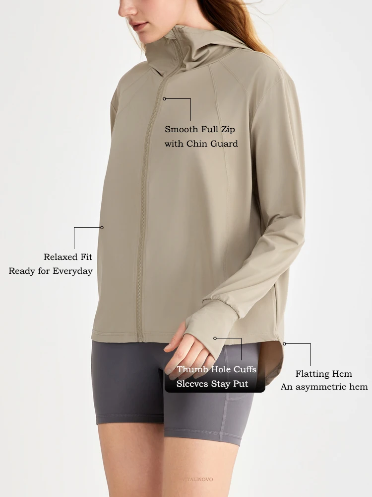 VITALINOVO Women's Hooded Lightweight Running Jacket UPF 50+ Sun Protection Full Zip Athletic Jacket with Thumb Hole Relaxed Fit