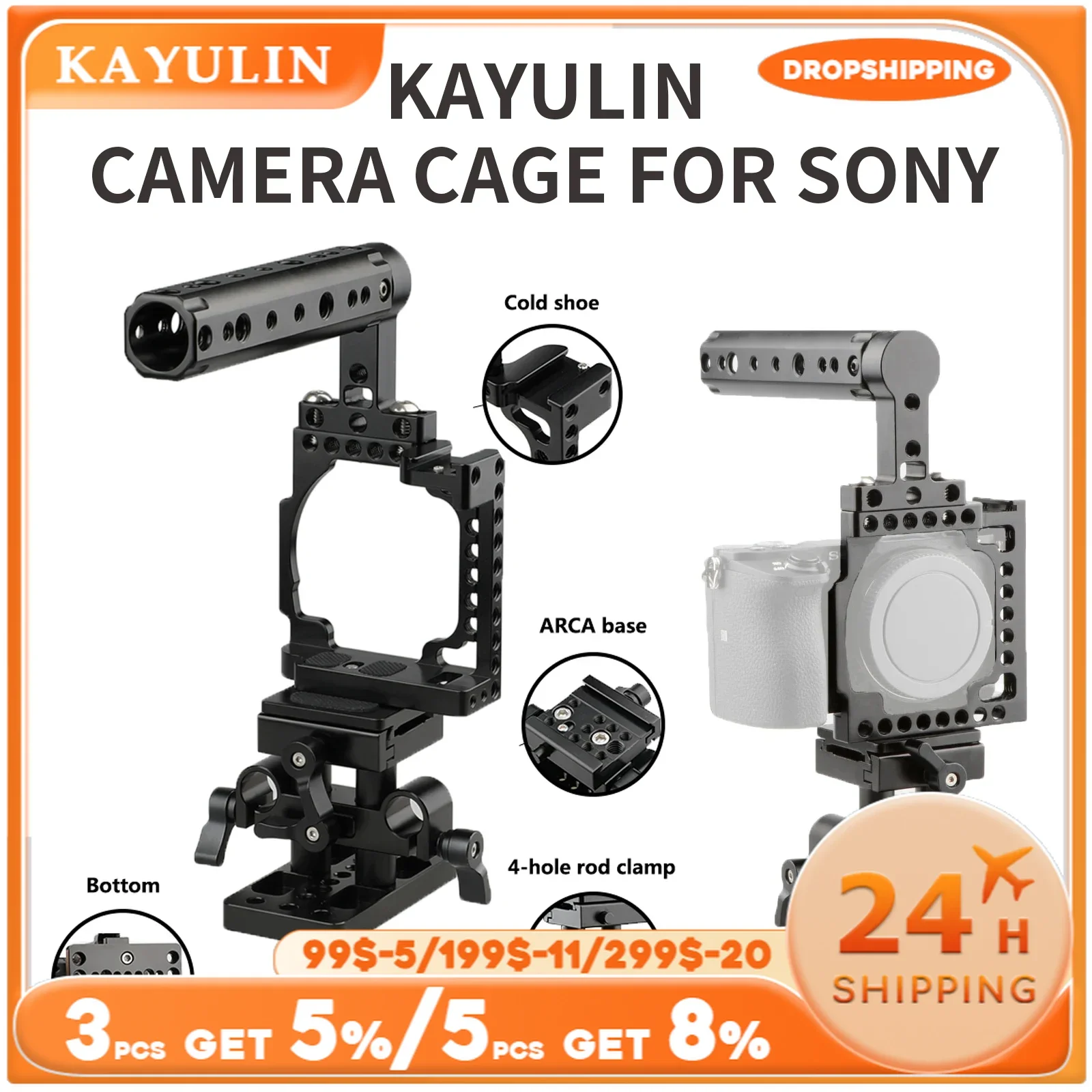 KAYULIN Camera Cage With Handle & QR Baseplate Pack & Cold Shoe Quick Release for Sony A6600 A6500 A6400 A6300 A6000