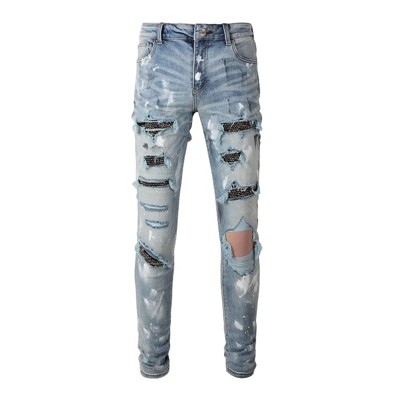 

EU Drip Jeans Men's Light Blue Holes Stretch Crystals Jeans Streetwear Rhinestones Patchwork Jeans