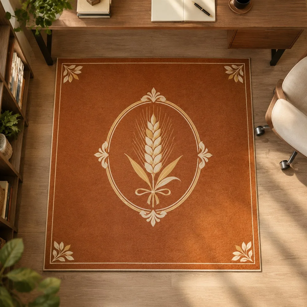 VIKAMA Door Mat Tangerine Brown Single Wheat Sheaf Center Luxury Washable Guest Room Sunroom Reading Nook Home Decoration