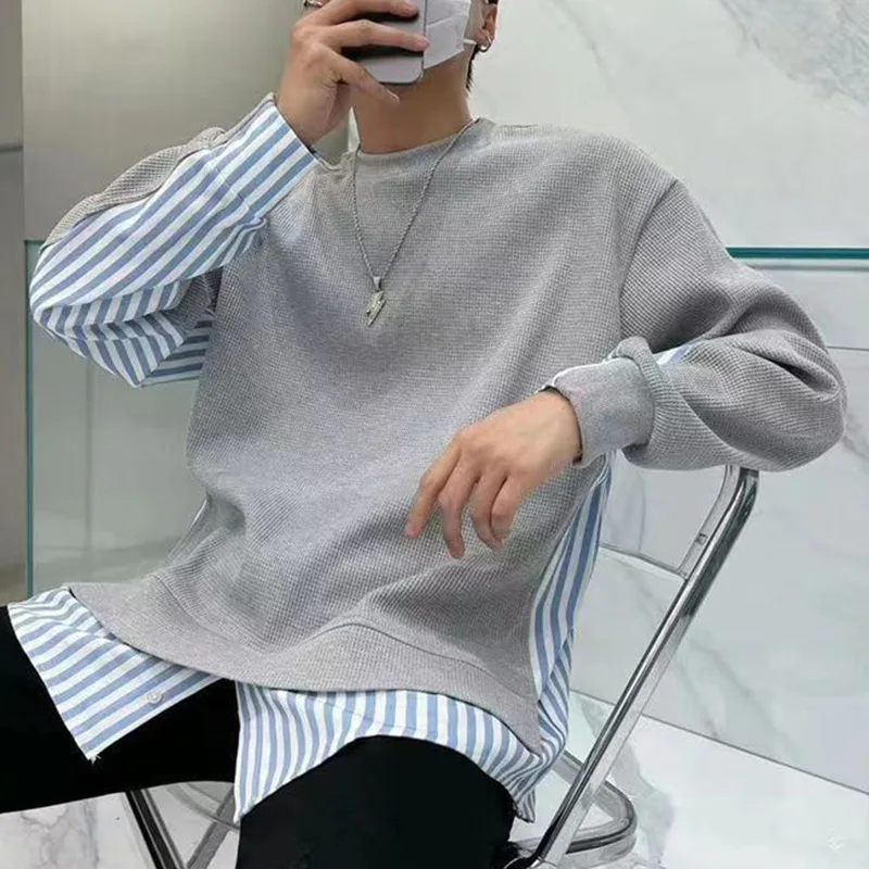 Fashion Loose Spliced Casual Striped T-Shirt Men\'s Clothing 2023 Autumn New All-match Pullovers Fake Two Pieces Tee Shirt