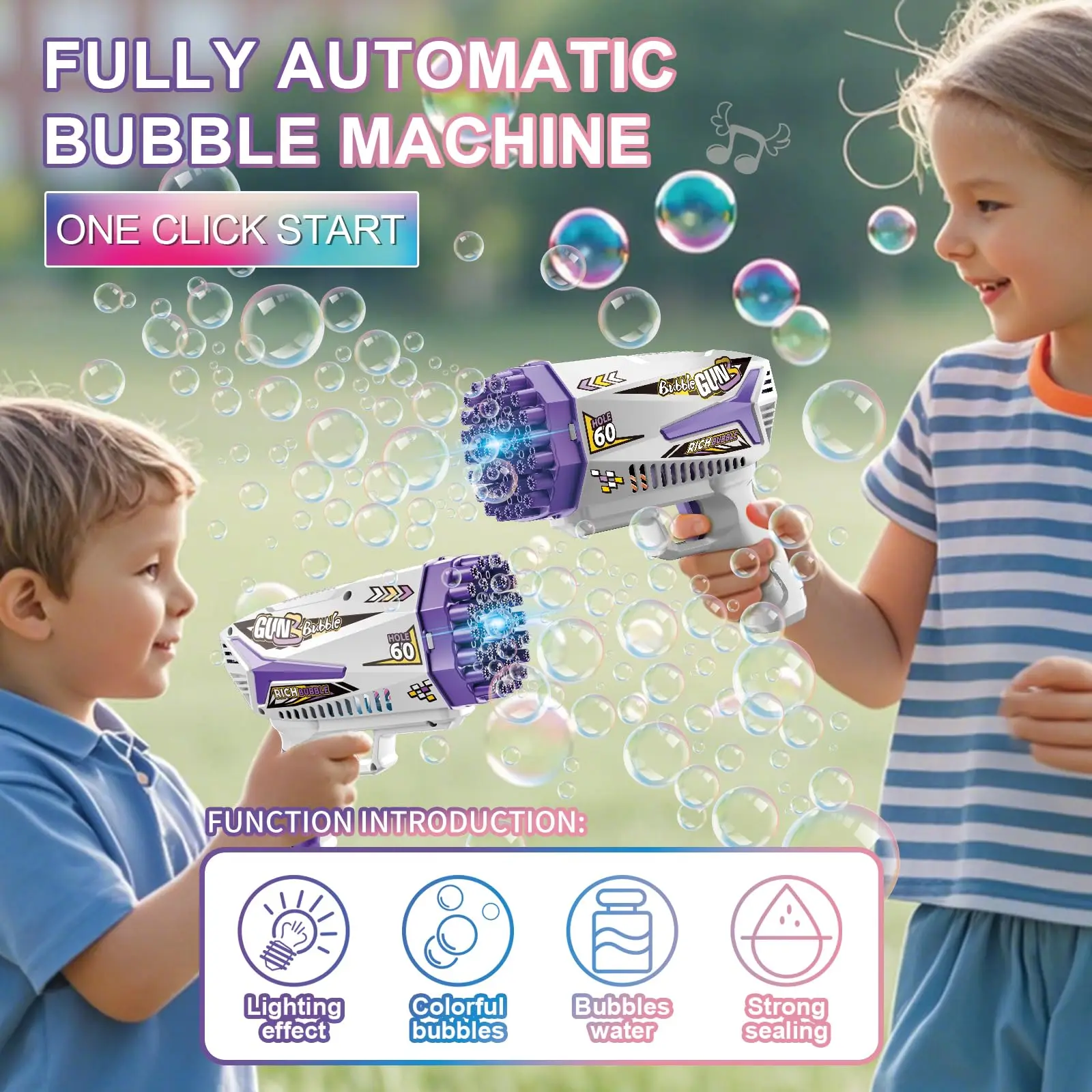Máquina de bolhas de 60 buracos, pistola de bolhas com luzes led, para crianças, meninos, meninas, festa de aniversário ao ar livre (sem solução de bolhas)