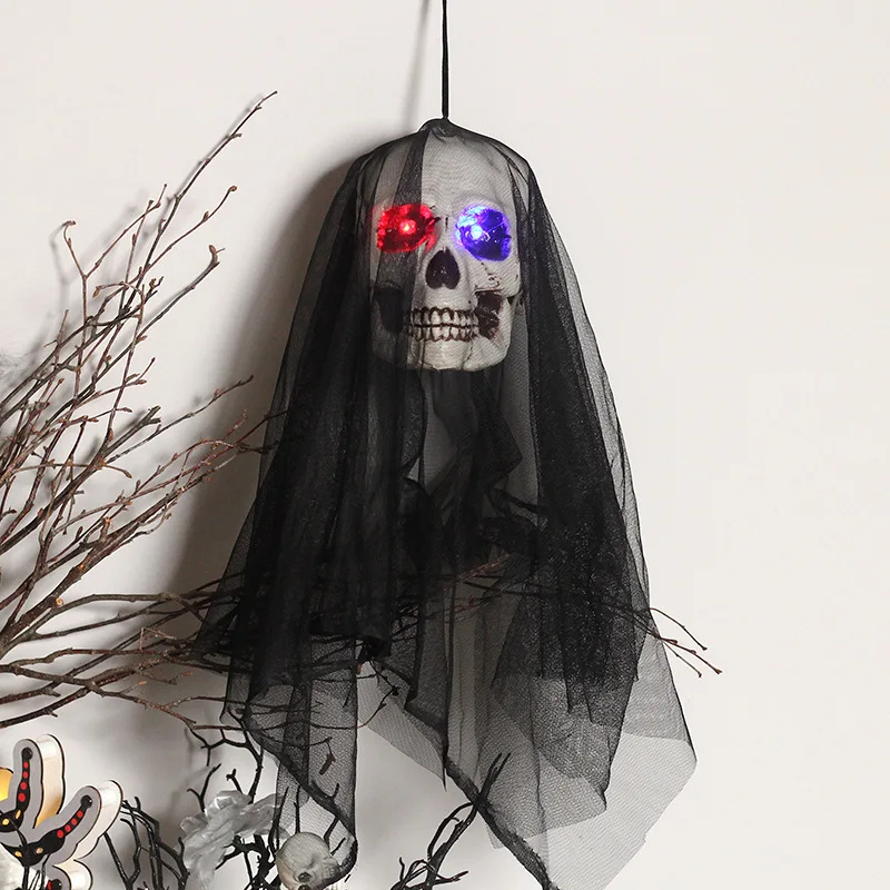 

New 2024 Halloween Scary Decoration Skeleton Skull Head Bone Ghost Veil Party Creepy Hanging Eyes Glow Decor Decoration