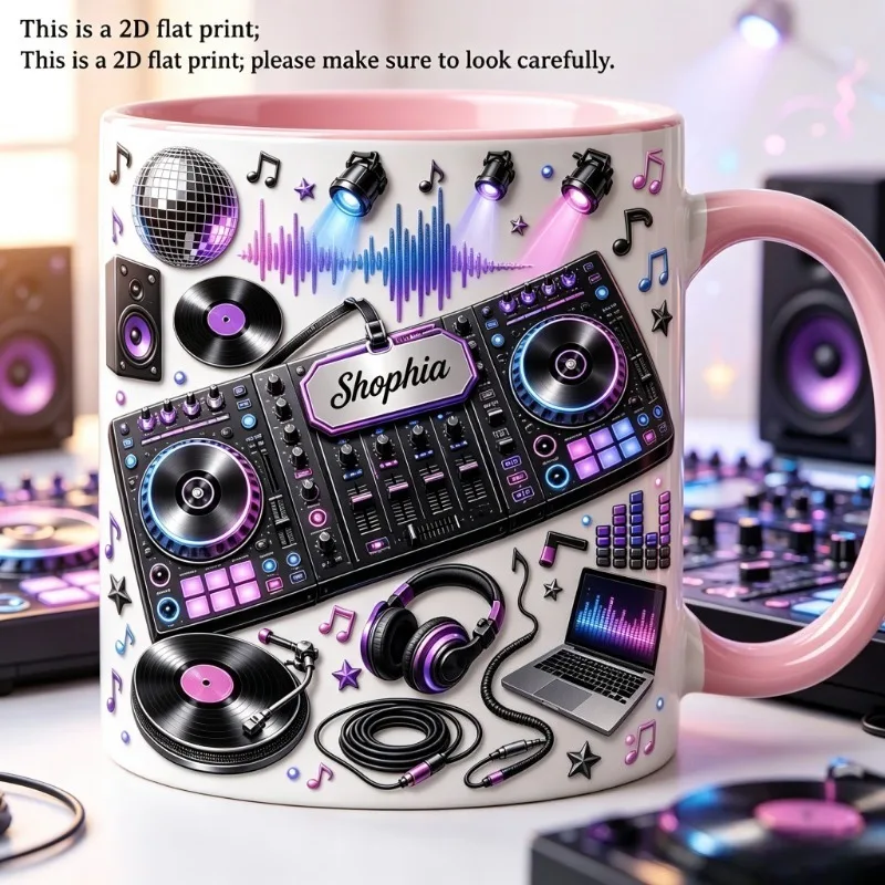 Custom DJ Console Coffee Mug 11oz 2D Printing Personalized Name Text Headphone Vinyl Print Microwave Safe Gift for Music Lover