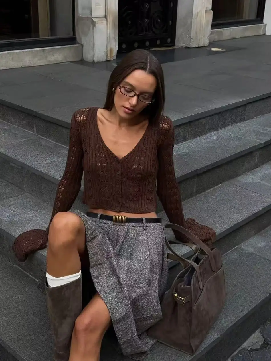 كم طويل الكروشيه رقيقة المحاصيل الأعلى للنساء زر حتى الجوف خارج سترة متماسكة سترة الربيع الصيف بوهو تريكو القمم وتتسابق #5