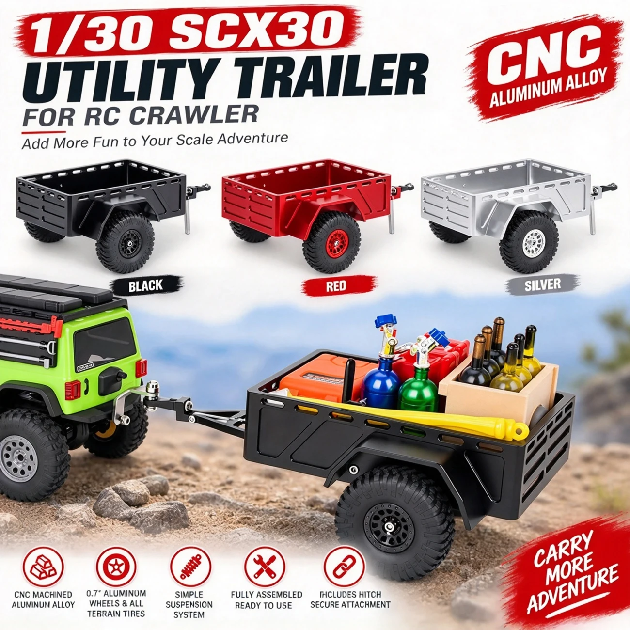 1/30 SCX30 CNC Aluminum Utility Trailer Simulation Trailer for RC Crawler Car Axial SCX30 Bronco Wrangler K10 Upgrade Accessorie