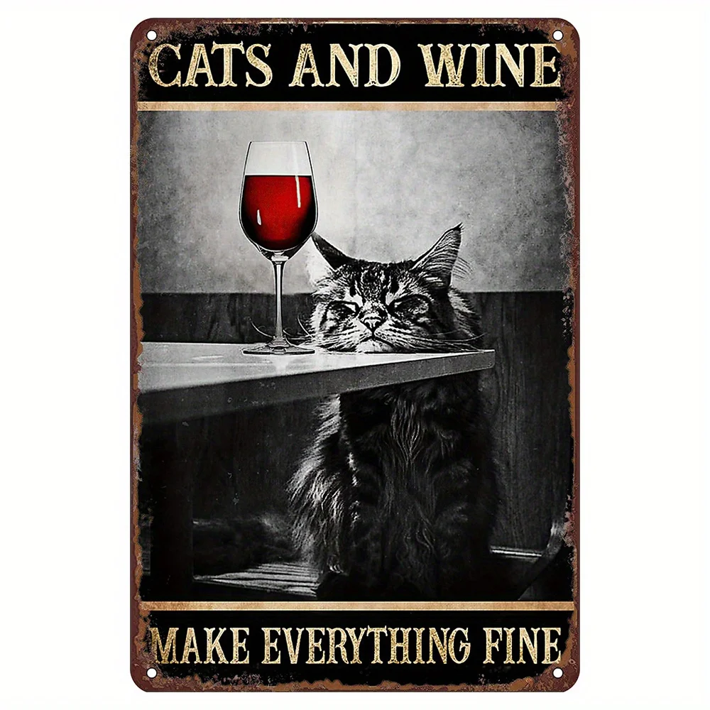 

Charming Cat & Wine Aluminum Wall Art - 8x12" Vintage Sign for Cat Lovers, Easy to Install Home Decor
