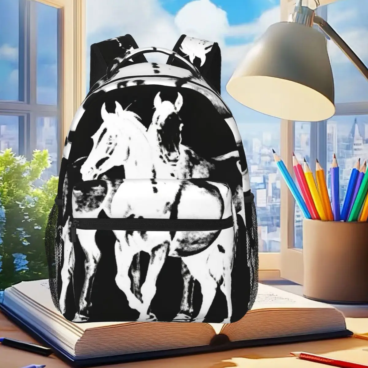Black And White Ink Wash Style Printing Of Galloping Horses Backpack Student Boys Girls BookBag School Bag Computer Shoulder Bag