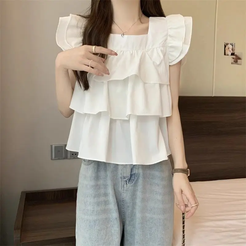 

Loose Shirts Casual Solid Fairy Chic Tops New Women Summer Stylish Ruffles Kawaii Sweet Blouses Square Collar Lace Up Sleeveless