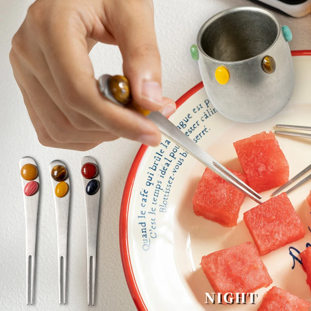 

Retro Luxurious Jade Stone Fruit Fork Jar Sets 304 Stainless Steel Hand Made Gem Coffee Milk Cup Dessert Cute Fork Storage Jar