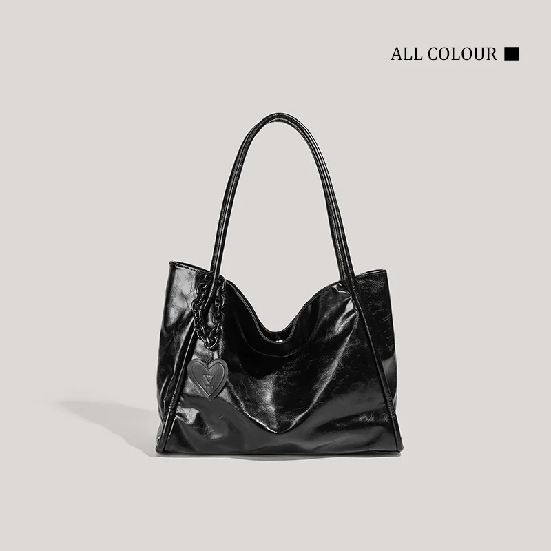 

Женская черная сумка-тоут из искусственной кожи с узором Love Pattern, женская большая вместительная сумка в стиле Y2K, повседневная уличная сумка для покупок