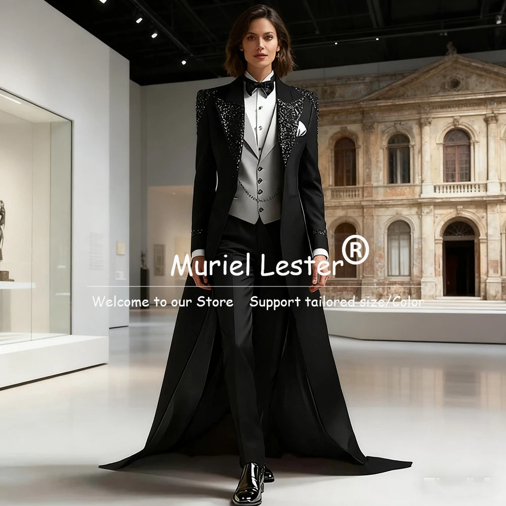 Exclusive Design Women Suits For Wedding Guest Sparkling Sequined Lapel Prom Blazer Long Customized Lady Business Tuxedos 3 Pcs