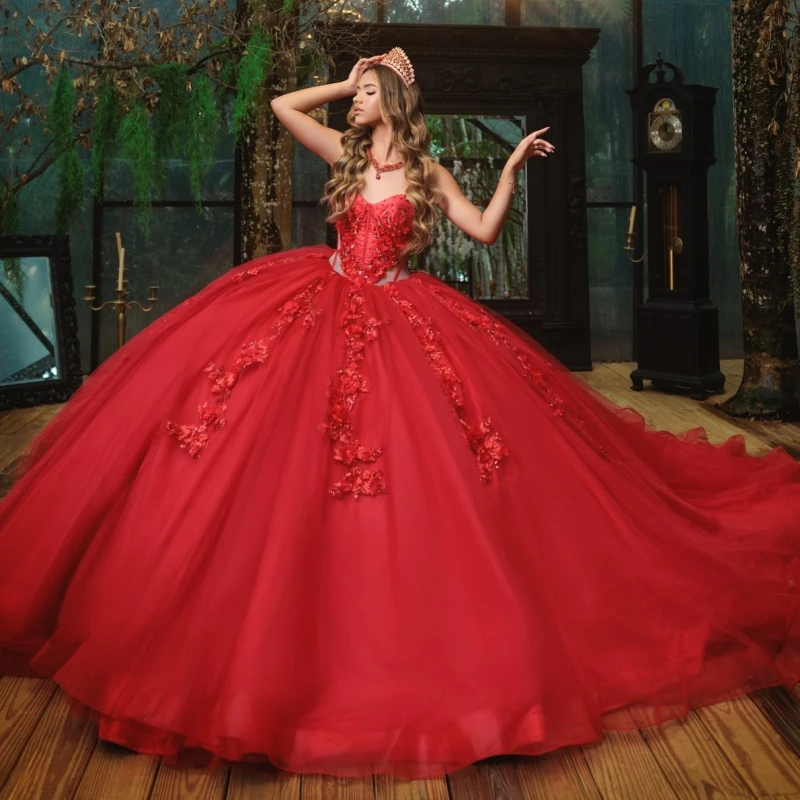 赤い光沢のあるキンセアニェーラドレス、オフショルダー、アップリケフラワー、ビーズ、クリスタル、チュール、パーティー、誕生日、スイート16ドレス、ベスティドス15デ