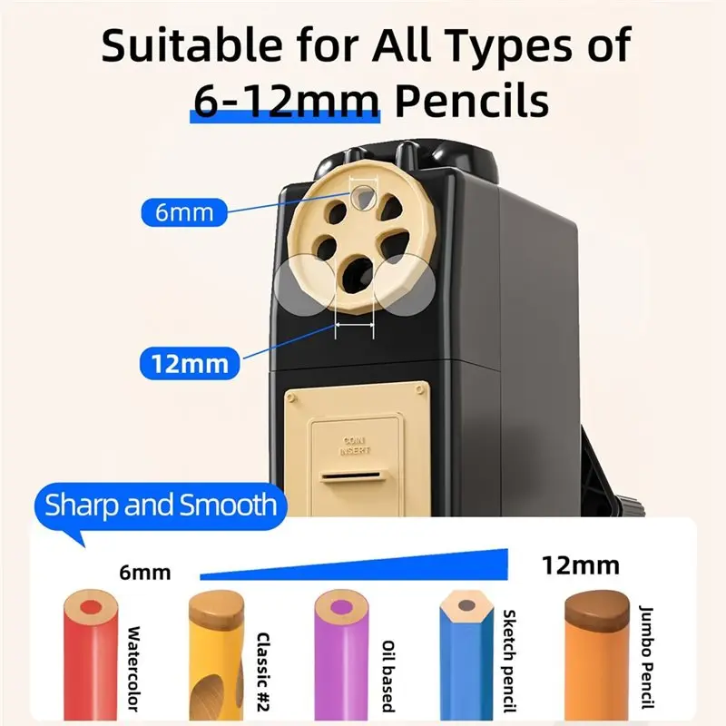 مبراة أقلام رصاص يدوية رائعة لأقلام الرصاص الملونة، 6 مقابض مقاسات محمولة باليد 6-12 مم