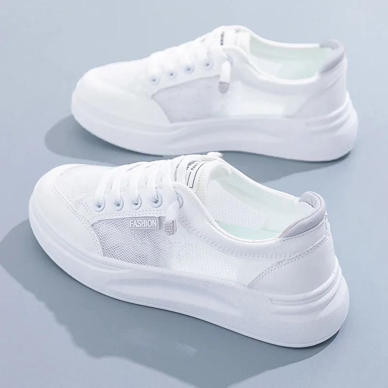 

Spring Summer Women's White Mesh Platform Sneakers Breathable Students Casual Flat Shoes