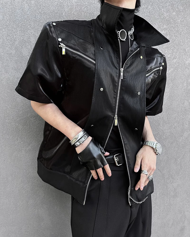 Trendy Jackets Men's 2025 Summer New Multi Zipper Decoration Jackets Men's High Street Fashion Handsome Lapel Short Sleeve Tops