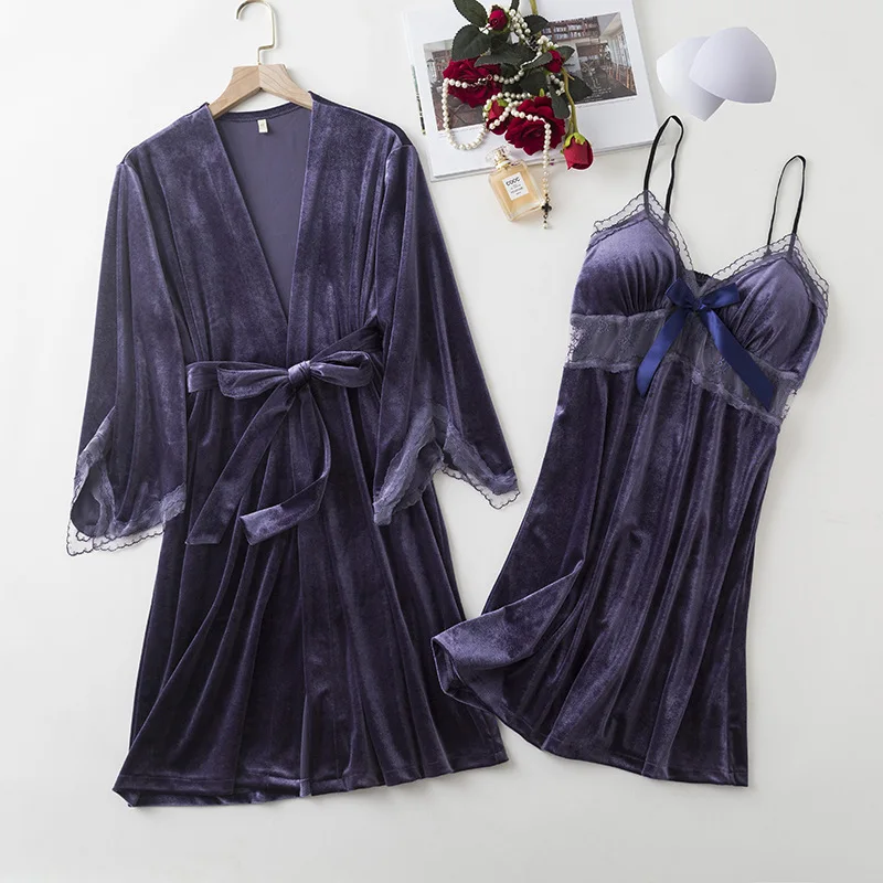 

V Neck Robe Sleep Dress Homewear Women Night Dress Gold Velvet Home Clothes Nightgown Loose Cardigan Fleece Nightwear 2Pcs