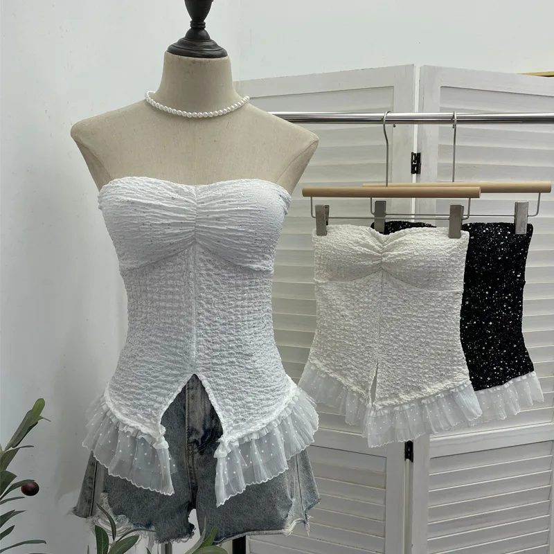 Sparkly Gold Strapless Bandeau Top with Non Slip Strip Bra Pads  Side Slit Form Fitting Short Cropped Chic Sleeveless Blouse1536