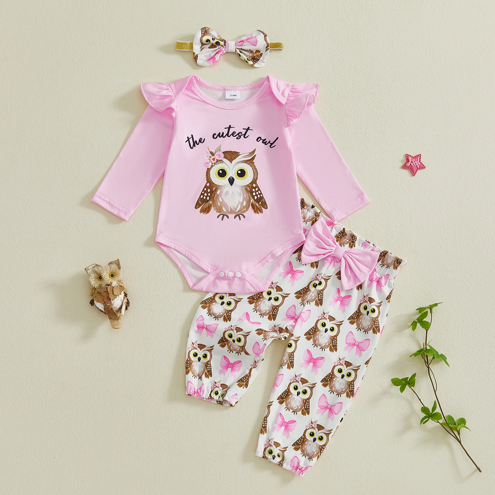 3 قطع ملابس الربيع للفتيات الرضع كشكش طويلة الأكمام طاقم الرقبة البومة طباعة رومبير مرونة الخصر السراويل ومجموعة عصابات رأس #3