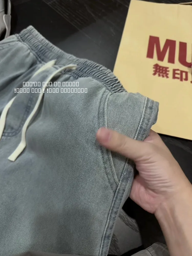 الضوء الأزرق الأمريكية الرجعية Dstring الجينز الرجال الخريف فضفاض مستقيم عالية التخسيس السراويل منتصف الخصر القطن الدنيم الجينز #5