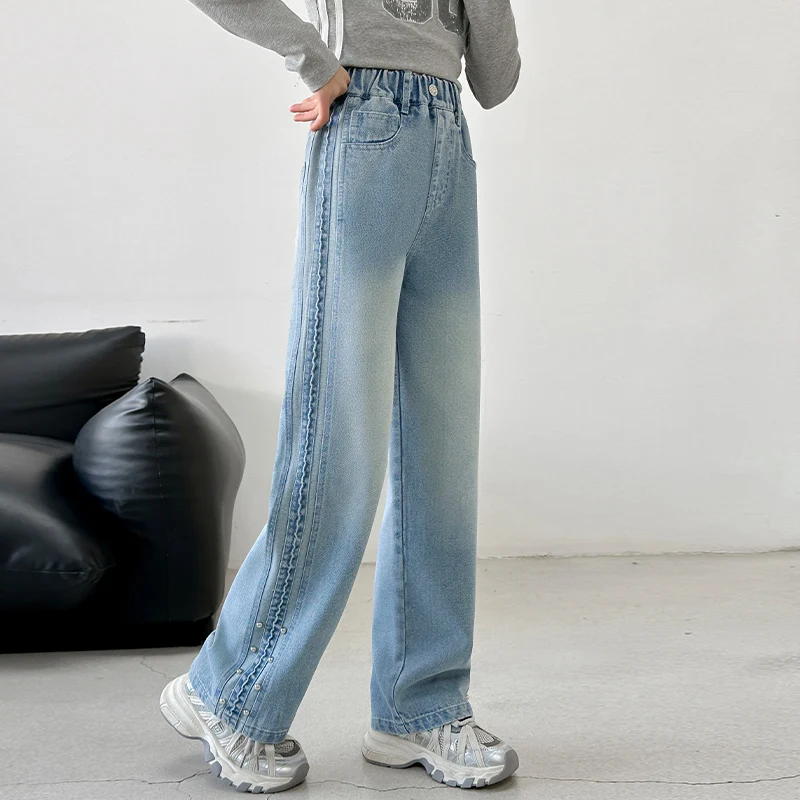 أنيقة فتاة الشتاء معزول الجينز مع ترصيع الاطفال الطفل فضفاض مستقيم دافئ صوف مبطن الضوء الأزرق الدنيم السراويل 5 6 8 10 12 14