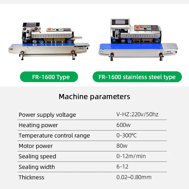 FR-1600 Commercial Continuous Band Sealer Food Snack Package Plastic Aluminum Foil Bag Printing Date Heat Inkjet Sealing Machine