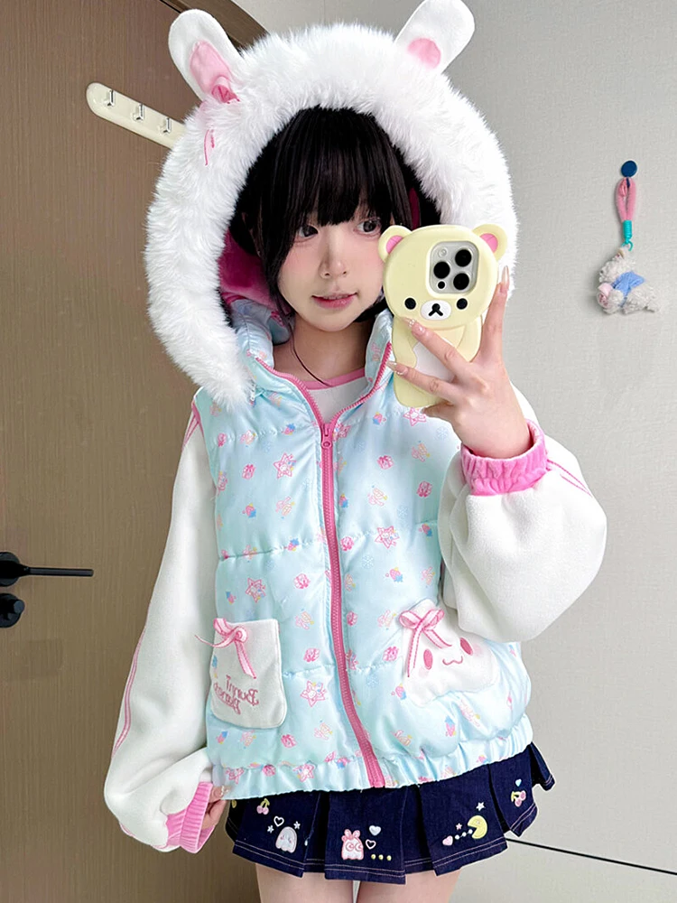 Original Japanese Soft Girls Kawaii Rabbit Ears Parkas Daughters Winter Cute Printed Bow Warm Thickened Hooded Jacket Coats