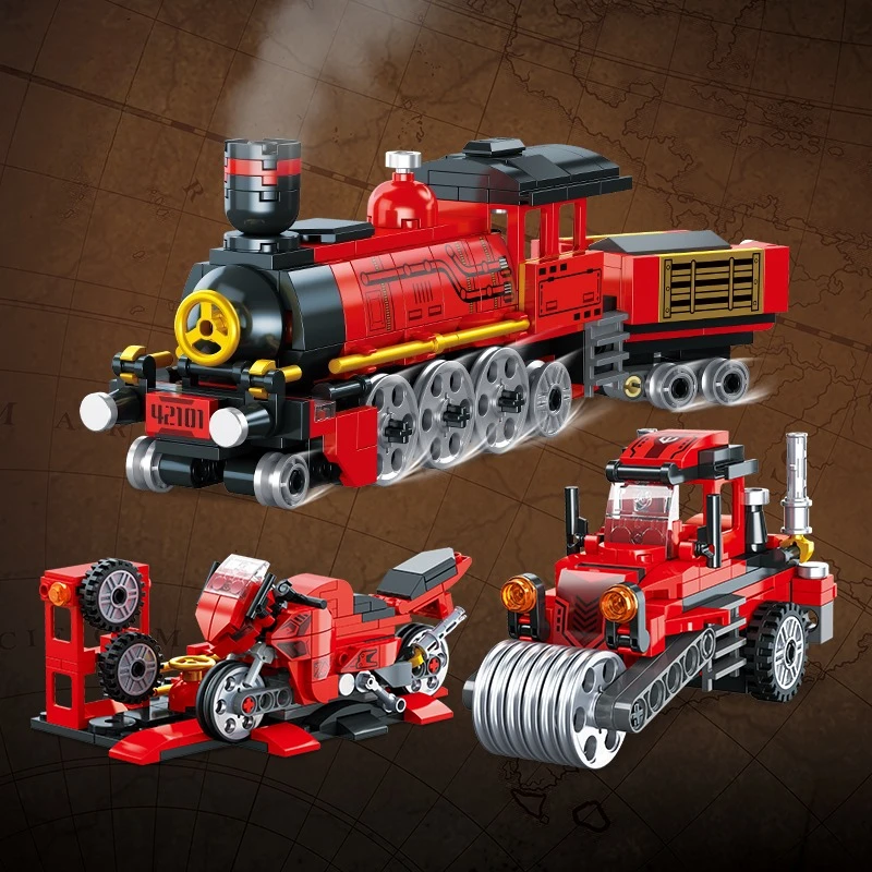 

3 in 1 Urban transportation steam train motorcycle tractor Building Blocks Creative intercity travel methods Children for Gifts