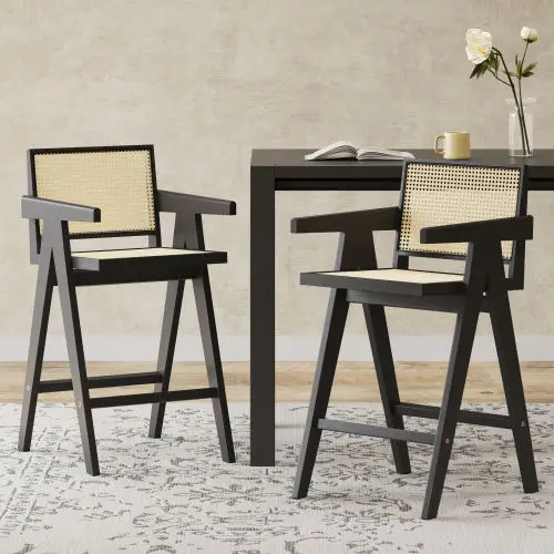 

27'' Modern Minimalist Adjustable Bar Stool with Cane Seat and Leather Frame for Home Bar & Dining