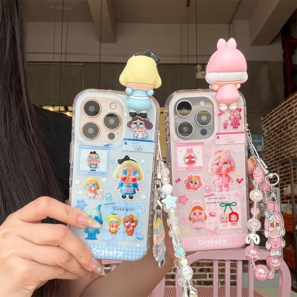 

Funny 3D cartoon cry girl cute cherry Plaid phone case for iPhone 14 15 16 Pro Max fashion polka dot bow flower protective cover
