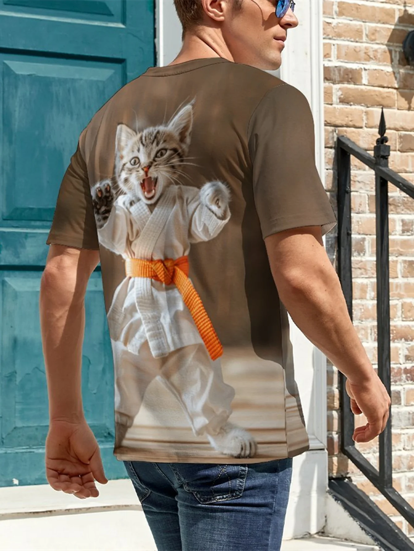 Men\'s Summer Fashion 3D Digital Cat Doing Taekwondo Pattern T-shirt  Crew Neck Tee Tops For Summer Outdoors Sports Wear