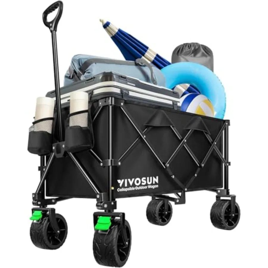 

Складная тележка-вагончик для улицы с бесшумными внедорожными широкими колесами, регулируемой ручкой, подстаканниками и боковыми карманами для переноски