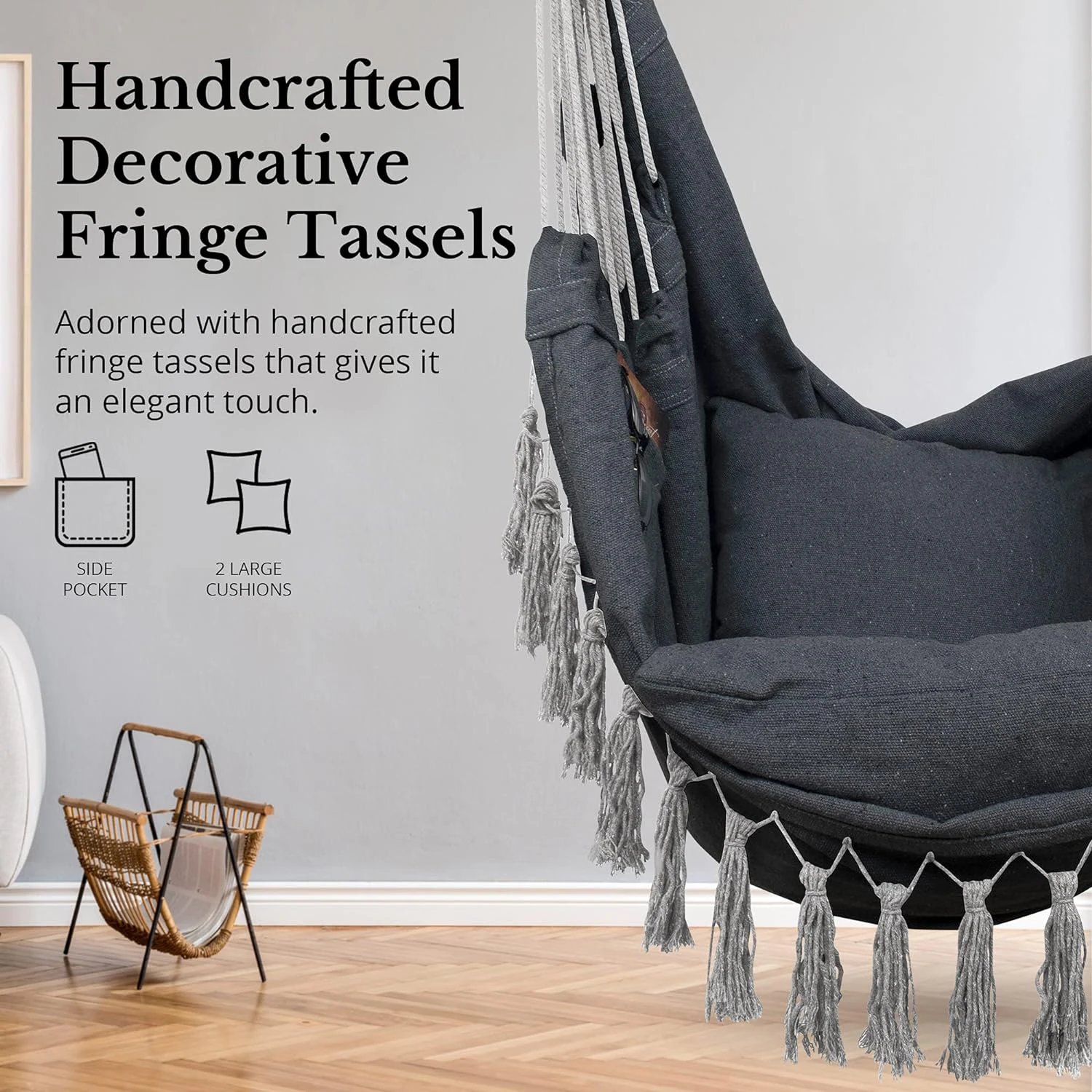 

Macrame Hanging Chair with 2 Pillows | 500lb Capacity Cotton Rope Swing | Pocket Design Indoor/Outdoor Use