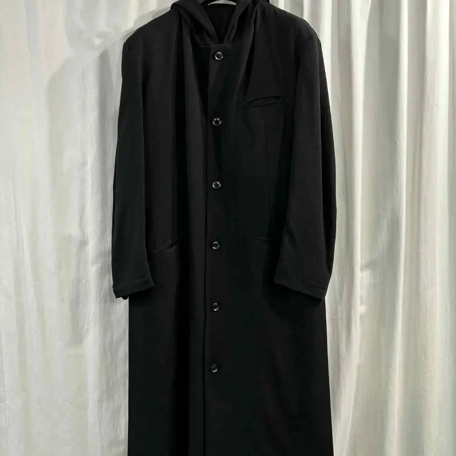 TOP-YAMAMOTO ® printed wool hooded mid-length windbreaker women's silhouette coat