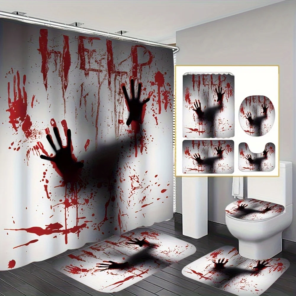 

4 шт., набор для ванны с кровавым отпечатками рук ужасов — водонепроницаемая занавеска для душа, нескользящий коврик, крышка унитаза и коврик для ванной для декора на Хэллоуин